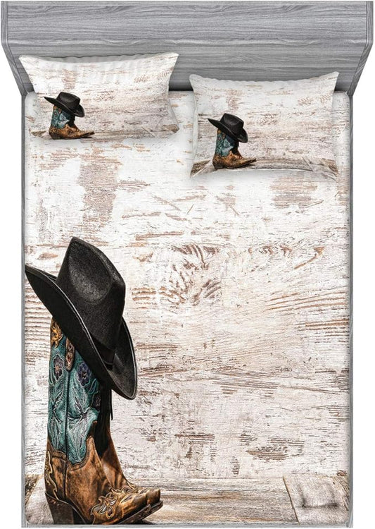 Ambesonne Western Fitted Sheet & Pillow Sham Set, Traditional Rodeo Cowboy Hat and Cowgirl Boots Retro Grunge Background Art Photo, Decorative Printed 3 Piece Bedding Decor Set, Full, Black Brown