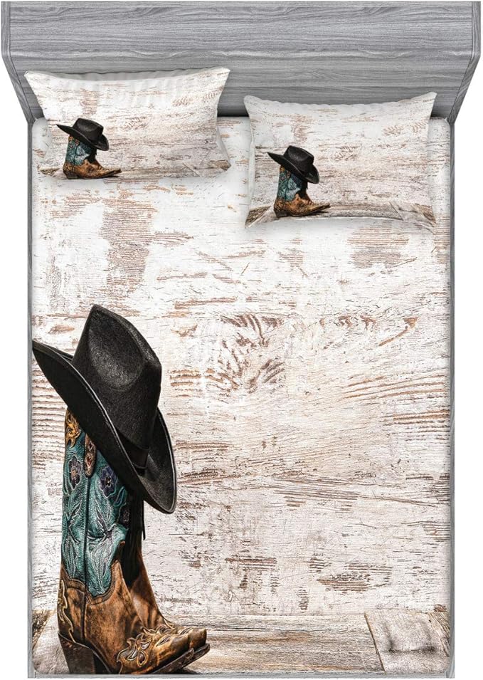 Ambesonne Western Fitted Sheet & Pillow Sham Set, Traditional Rodeo Cowboy Hat and Cowgirl Boots Retro Grunge Background Art Photo, Decorative Printed 3 Piece Bedding Decor Set, Queen, Black Brown