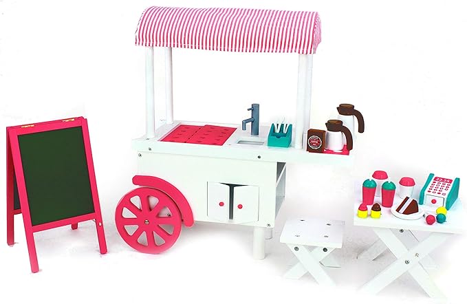Playtime by Eimmie 18 Inch Doll Furniture Café Food Cart Set - Wooden Playset with Accessories, Fits American, Generation, My Life & Similar 14”-18” Dolls