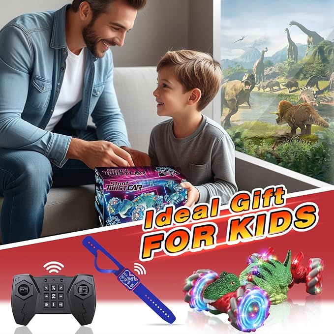 Remote Control Car，Dinosaur Toys car for Kids，2.4GHz LED Gesture Sensing RC Car，4WD Rotation RC Stunt Car with Lights and Music，Dino Toys for Kids Ages 3 4 5 6 7 Gifts for Boys Girls(Red)