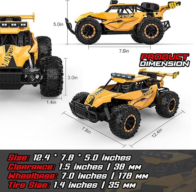 BLUEJAY Remote Control Car for Boys, RC Cars, 1:12 Monster RC Truck Off Road with LED Headlight and Rechargeable Battery Gifts for Adults Boys 8-12