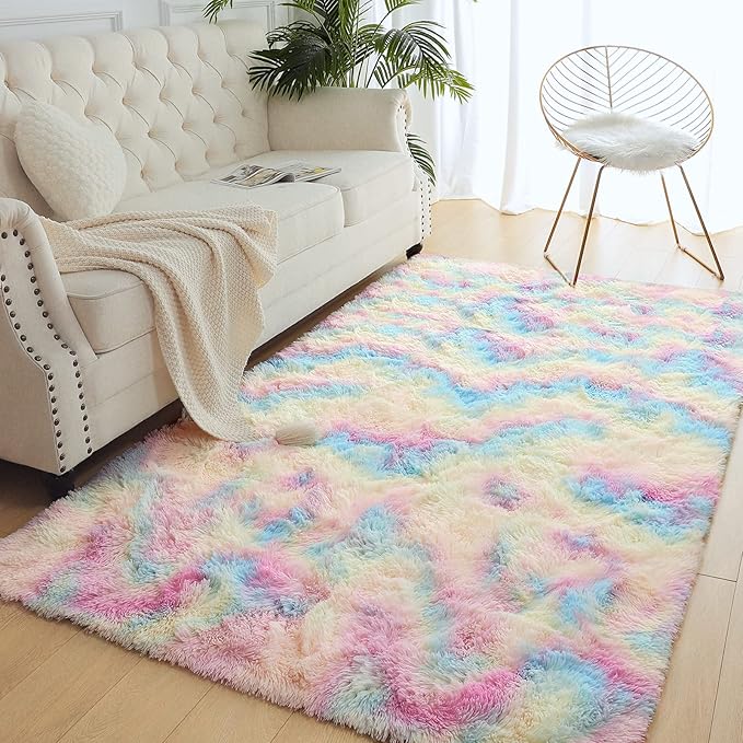 AROGAN Soft Rainbow Area Rugs for Girls Room 5x8 Feet, Fluffy Girls Bedroom Rugs, Princess Rug, Cute Colorful Carpet for Kids Teens Nursery Toddler, Pink