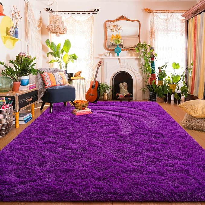 Amearea Shag Fluffy Area Rug for Kids Bedroom Living Room, Extra Soft and Fuzzy Shaggy Rugs, Non Slip, Solid Color Carpet Mat for Girls Nursery Home, Volet Purple 5x7.5 Feet