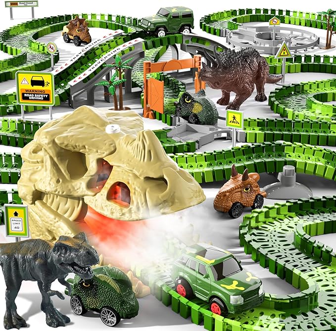 iHaHa 249 PCS Dinosaur Toys Race Car Track, Toys for Kids Toddler Boys Ages 2-4 3-5 4-6, Dinosaur Race Tracks Toys with Light, Sound & Spray, Birthday Dinosaur Toys Gifts for 2 3 4 5 Year Old Boys