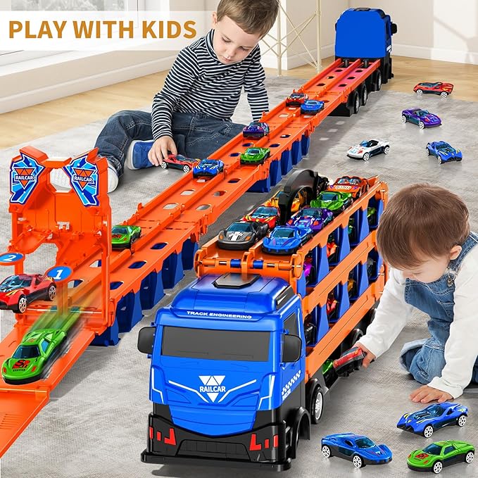 78.7-Inch Racing Car Track Truck Toy for Boys 2 3 4 5 6 7 Years Old - Transport Carrier Trucks, Foldable Tracks Storage, 12 Die-cast Car, Gifts for Toddlers and Kids Aged 3-5