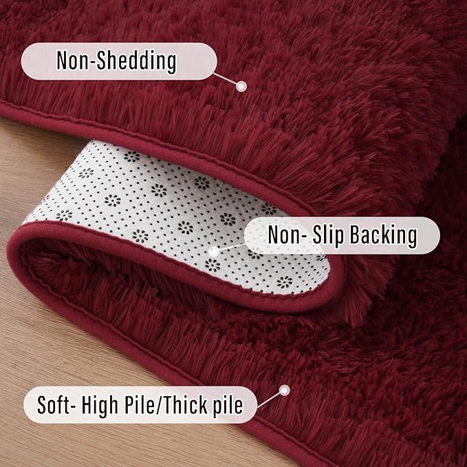 Amearea Shag Fluffy Runner Rug for Bedroom Girls Living Room, 2x6 Feet Extra Soft and Fuzzy Shaggy Rugs, Non Slip, Indoor Floor Long Carpet Mat for Boys Nursery Home Decor, Wine Red
