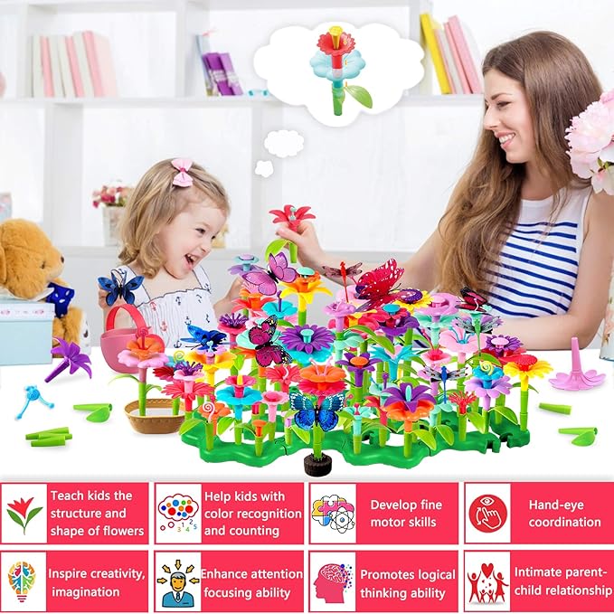 LANNEY Flower Building Toy Set, 200 Pcs Flower Garden Building Toys for Girls Boys 3 4 5 6 7 Year Old, Educational Stem Build Garden Toy, Kids Toddler Birthday Gift Ideas