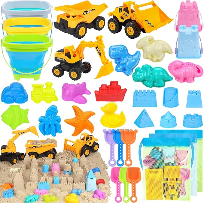 Beach Toys, 35Pcs Sand Toys with 3 Construction Vehicles, 3 Collapsible Beach Bucket, Sand Castle Building Kit, Sand Molds, Shovel Set, Mesh Bag, Travel Toys for Toddlers Kids Boys Girls