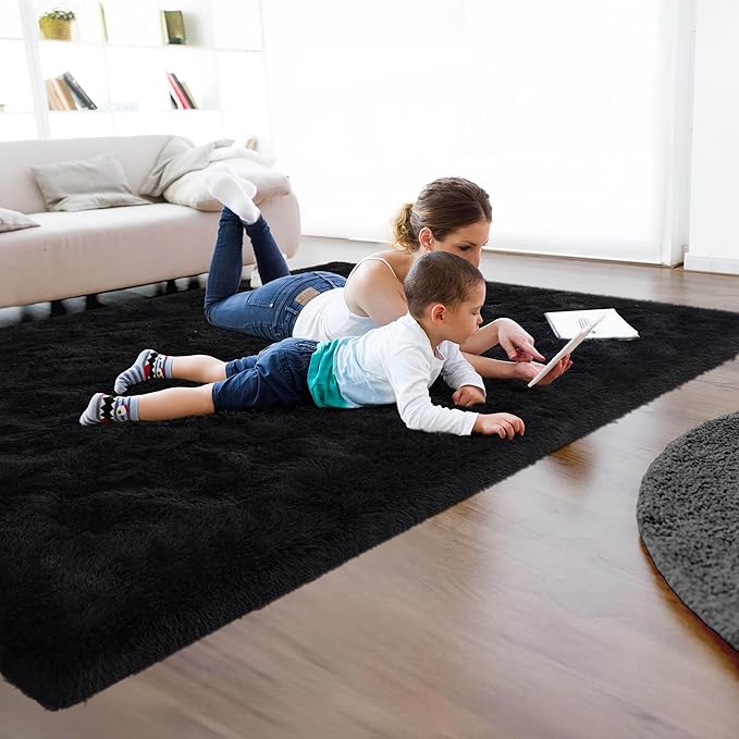 Fluffy Soft Black Rug for Bedroom Living Room, 4x6 Plush High Pile Rugs Super Soft Shaggy Carpet for Classroom Kids Babys Playroom Toddler Nursery Dorm Home Decor, Modern Indoor Non Slip Rug
