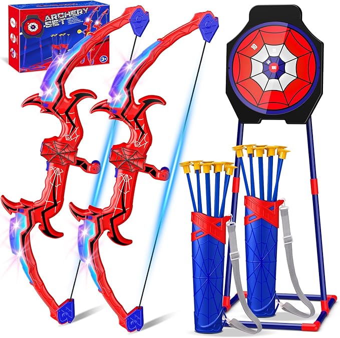 Spider Bow and Arrow for Kids, 2 Pack Archery Target Outdoor Toys Age 5-7 8-13 Boys Toys Light Up Shooting Games for 4 5 6 7 8-12 Year old Boy Birthday Gifts Bow Arrow Indoor Cool Stuff for Kid