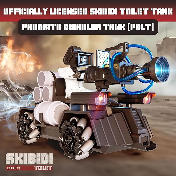 Force1 Officially Licensed Skibidi Toilet Toy Cameraman Figure PDLT Tank RC Truck- Parasite Disabler Tank Remote Control Car, Rechargeable RC Car with LED Lights, 2.4 GHz, Mist Spray, Beginner RC Cars