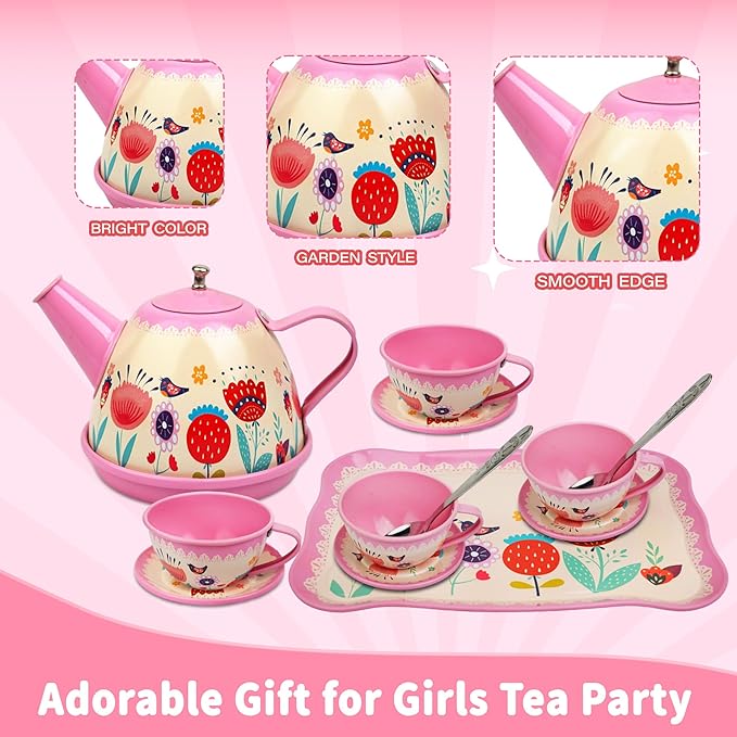 SMILESSKIDDO 46pcs Tea Party Set for Little Girls - Princess Tea Party Set,Kids Kitchen Pretend Play Toys - Toddler Tea Party Sets for Girls 3-5, Girls Tea Party Set Gift for 3 4 5 6 7 8 Girl(Garden)