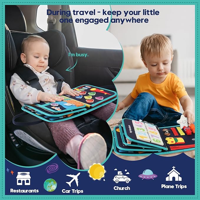 Toddler Sensory Busy Board: Travel Toy Activity Book for Girls Boys, Motor Skill Development Gift for Baby Aged 3-4 Years, Fine Educational Preschool Montessori Learning Toy for Car Airplane Space
