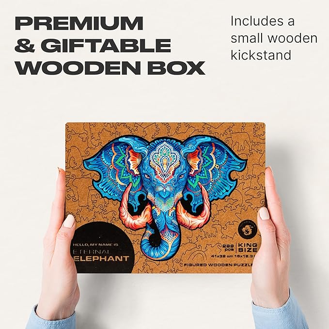 UNIDRAGON Original Wooden Jigsaw Puzzles - Eternal Elephant, 299 pcs, King Size 16"x12.3", Beautiful Gift Package, Unique Shape Best Gift for Adults and Kids