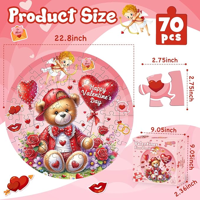 Valentines Floor Puzzles for Kids Age 4-8, Valentiens Day Gifts for Kids Classroom Exchange Gifts Love Bear and Balloons Large Jigsaw Puzzles Educational Learning Toys