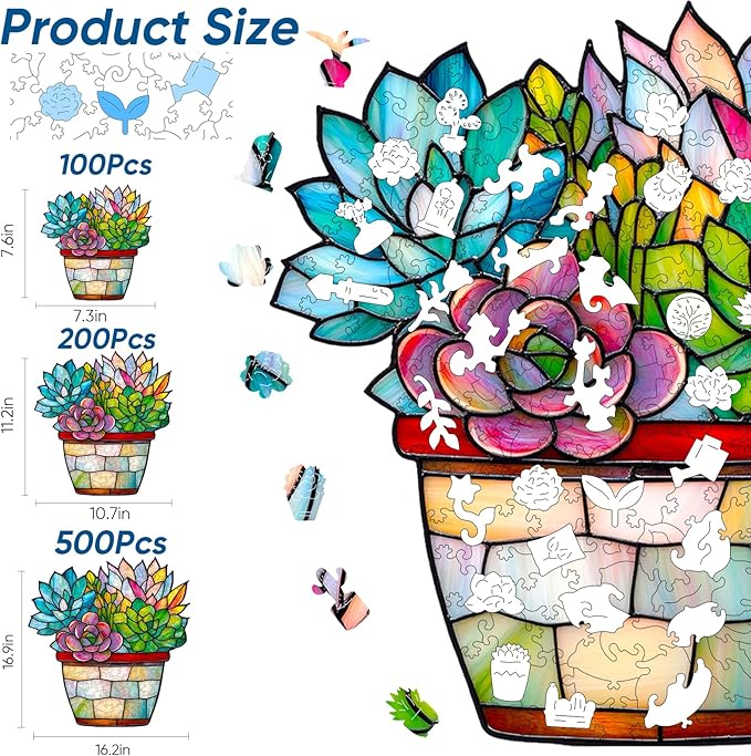 Puzzles for Adults, Glass Succulent Wooden Puzzles 200 Pieces, 5MM Thick Unique Shaped Flower Jigsaw Puzzles Birthday Gifts for Kids Family Game 10.7 * 11.2inch