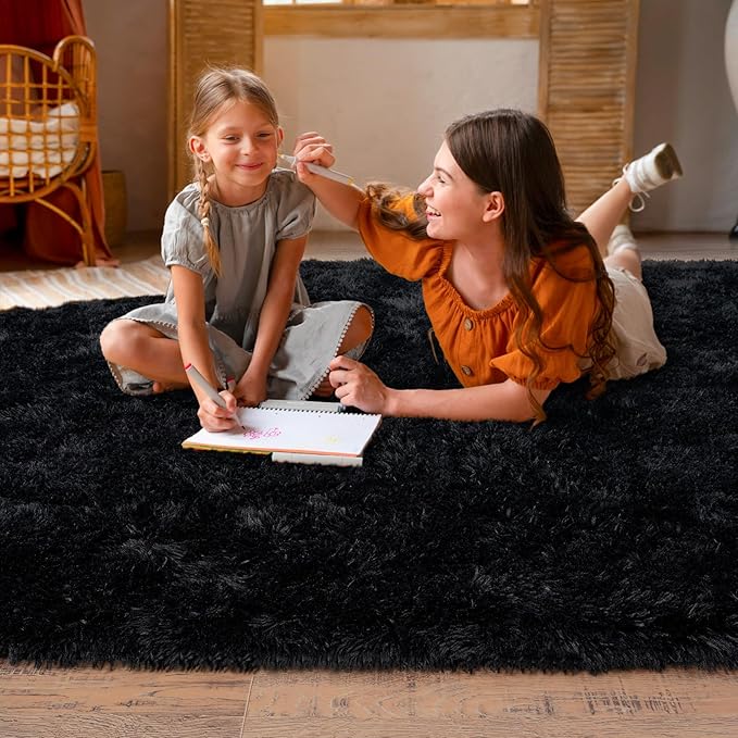 6x9 Super Fluffy Rug for Bedroom, Modern Shag Black Area Rugs, Soft and Cozy Plush Large Carpet for Kids, Girls Boys and Teens Decorations for Living Room Dorm Nursery Classroom