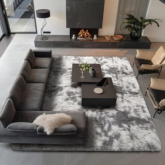 Ophanie Area Rugs 9x12 Living Room, Large Tie-Dyed Grey&White Bedroom Carpet, Big Shag Indoor Thick Soft Nursery Rug, Fluffy Carpets for Boy and Girls Room Dorm Home Decor Aesthetic