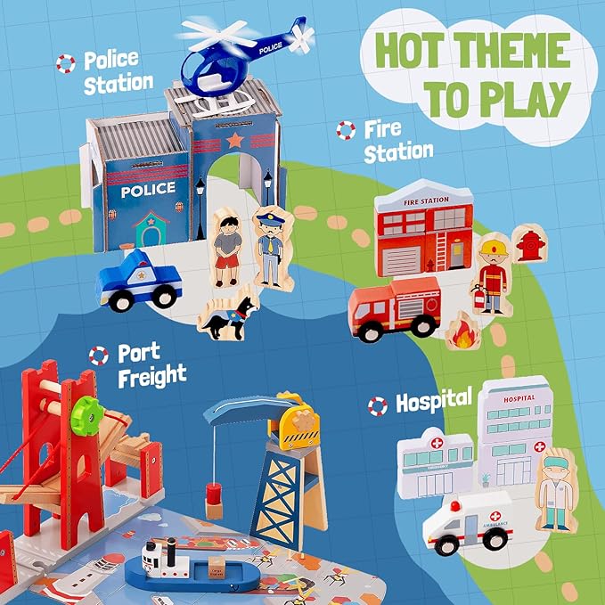 Giant bean 117 Pcs Busy Port City Train Set for Kids- Expandable & Changeable Wooden Train Track Set Toy, for Boys & Girls Ages 3-14