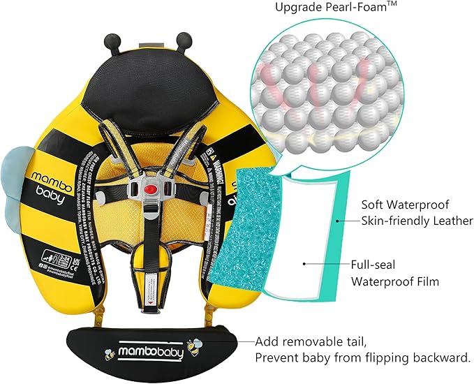 Mambobaby Float Add Tail Baby Swim Float with Canopy Solid Pool Infant Swim Trainer Swimming Training Lying Air Free Water Floats Non-Inflatable Waist Swim Ring for Toddlers (Bee)
