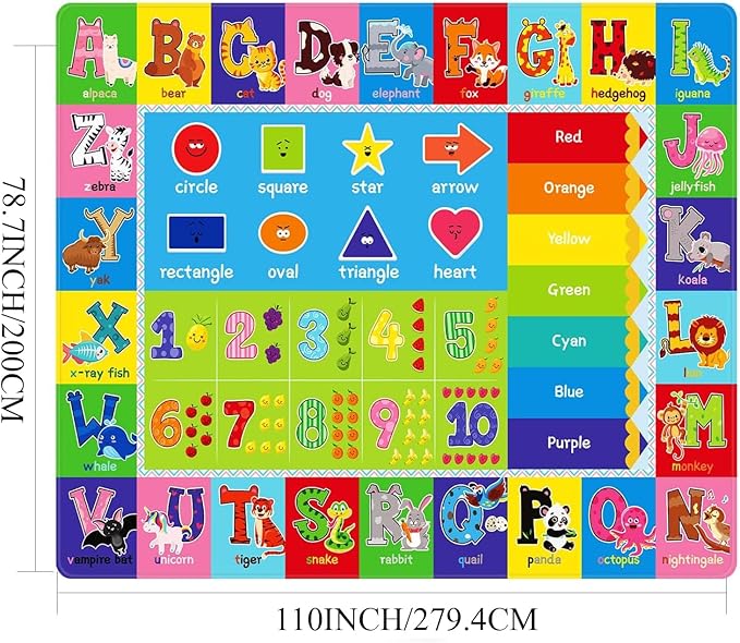 ABC Carpet,Kids Carpet for Playroom, Classroom Floor Play Mat for Kids,Preschool Rugs wtih ABC, Numbers, Animals, Extra Large Thick (110X78.7 Inch)