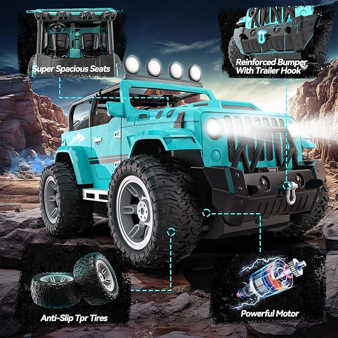 DEERC Remote Control Car with Fog Mist & Music, 1:16 Remote Control Truck for Boys, 2.4Ghz RC Car Toy with 2 Batteries, All Terrain SUV Gifts Crawler with Trailer Hitch
