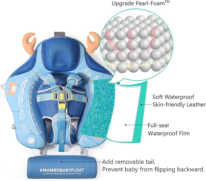 Mambobaby Float Add Tail Baby Swim Float with Canopy Solid Pool Infant Swim Trainer Swimming Training Lying Air Free Water Floats Non-Inflatable Waist Swim Ring for Toddlers (Crab - Blue)