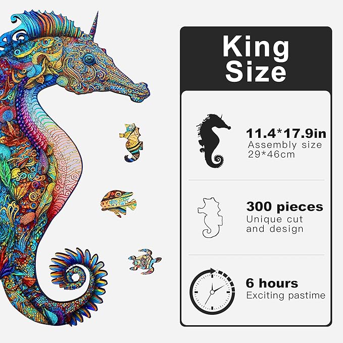 Unique Wooden Jigsaw Puzzles - Unicorn Seahorse, 300 Pcs King Size 11.4" x 17.9", Animal Shaped Wood Puzzle, Beautiful Package, Best Gift for Adults and Kids, Family Game