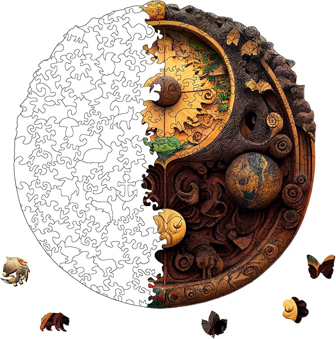 Wooden Puzzles for Adults Kids, Yin Yang Wooden Jigsaw Puzzle, Unique Round Shaped Puzzles, Premium Box Wood Cut Puzzles for Teens, Best Family Ideas (L-11.4 * 11.2in-238pcs)