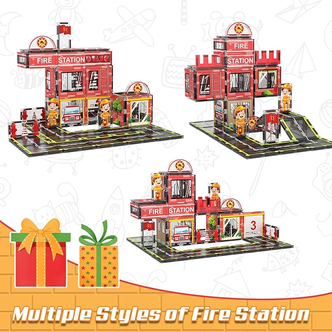 Magnetic Tiles, 50PCS Fire Station Theme Building Blocks Set, Magnet Building Blocks and STEM Preschool Toys for Toddlers Kids Ages 3-5 5-7 8-10