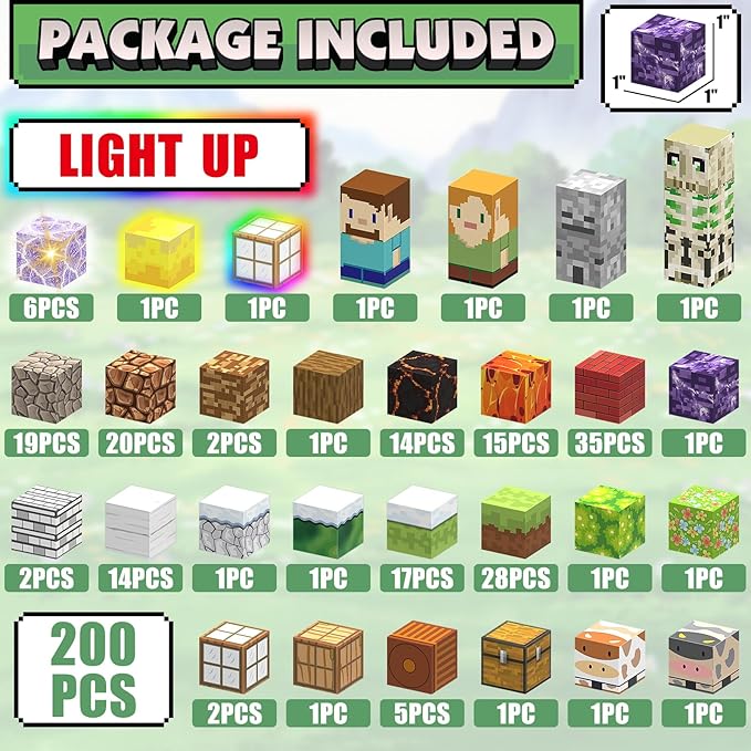 200PCS Magnetic Blocks Building Toys Set, Light Up Magnet Cubes, 3D Magnetic Building Blocks for Kids Boys Girls Ages 3+, STEM Sensory Christmas Birthday Present Construction Toys