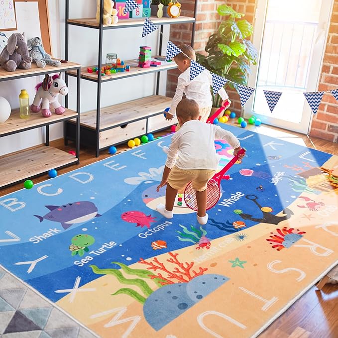 Kids Rugs for Playroom, 118.1"X94.4", ABC Alphabet Whale Kids Rug, Non-Slip, Washable, Educational