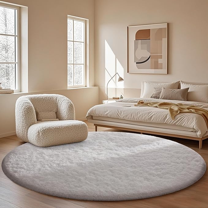 Ophanie Round Rug 4Ft White Circle Area Rug, Aesthetic Room Decor, Fluffy Fuzzy Bedroom Carpet, Plush Soft Shaggy Living Room Rugs for Kids Home Decor, Nursery