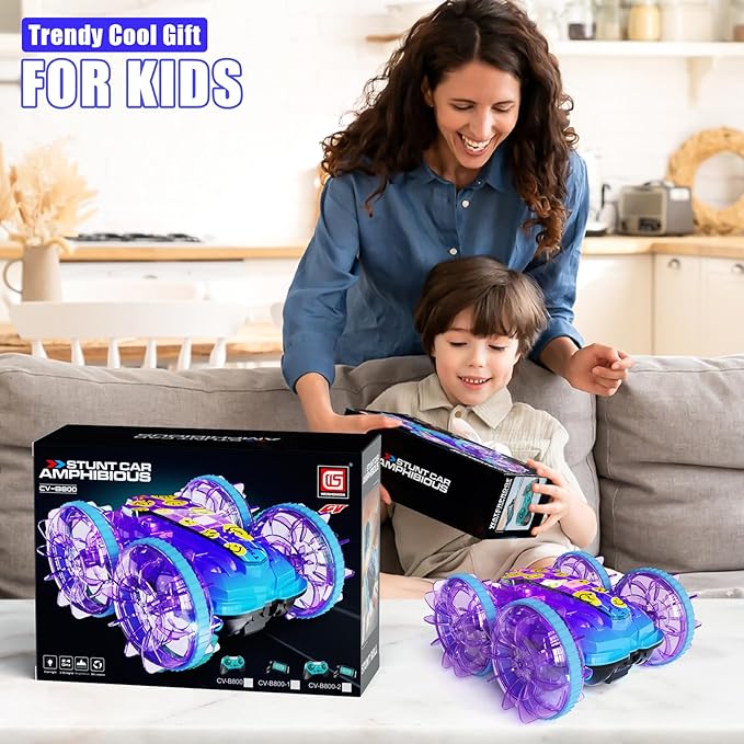 Amphibious Remote Control Car, 4WD Waterproof RC Stunt Car Toys with LED Lights, 360°Rotation RC Boat Water Beach Pool Toys for Boys, Christmas Birthday Gifts Toys for Kids Ages 4-7 8-12 Year Old