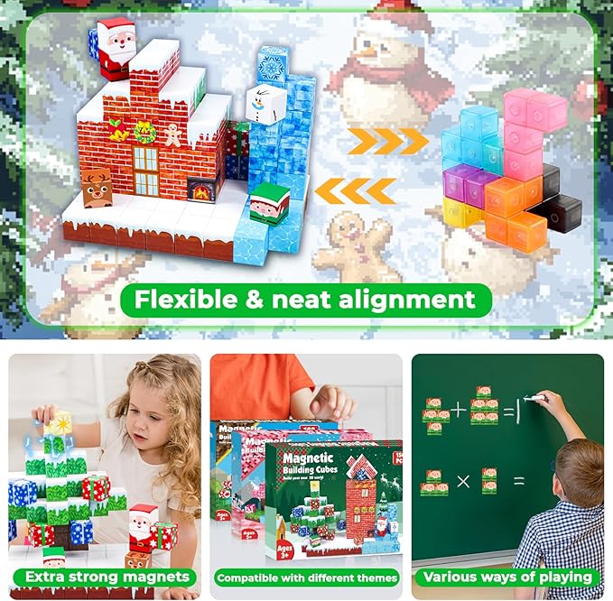 Christmas Magnetic Blocks - 150PCS Magnetic Building Blocks Magnetic Cubes Stacking, STEM Montessori Sensory Toys for Kids Boys Girls Ages 3-5 6-8 Christmas Holiday Easter Birthday Gifts