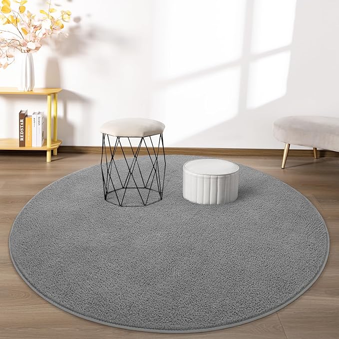 FlyDOIT Round Area Rugs for Bedroom Living Room, 5x5 Grey Super Soft Comfy Thickened Memory-Foam Indoor Circle Carpets, Modern Aesthetic Minimalist Carpet for Boys Girls Adults Nursery Home Décor