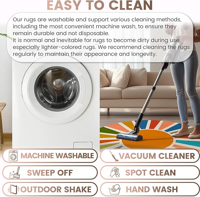 Washable 4Ft Round Sun Area Rug for Living Room, Rainbow Sun Modern Abstract Boho Circle Rug, Ultra Thin Low Pile Lightweight Indoor Carpet Mat with Non-Slip Backing for Bedroom Kids Nursery Play Room