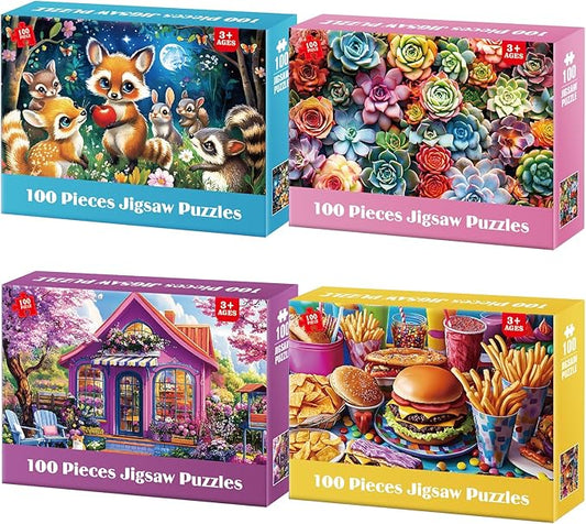 4 Packs 100 Piece Puzzles for Kids - Food Animals Scenery, Large Piece Puzzles for Seniors Adults Kid Puzzle Ages 5-8 Jigsaw Puzzle for Kids Ages 6-8 8-10 Learning Educational Toys