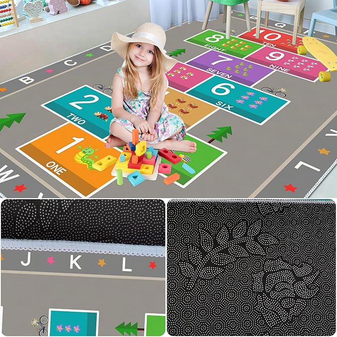 Hopscotch Play Rug Carpet for Kids, ABC Alphabet Number Educational Rug, Children's Counting Game Mat for Playroom, Classroom, Bedroom and Nursery (Grey, 47x71 in)