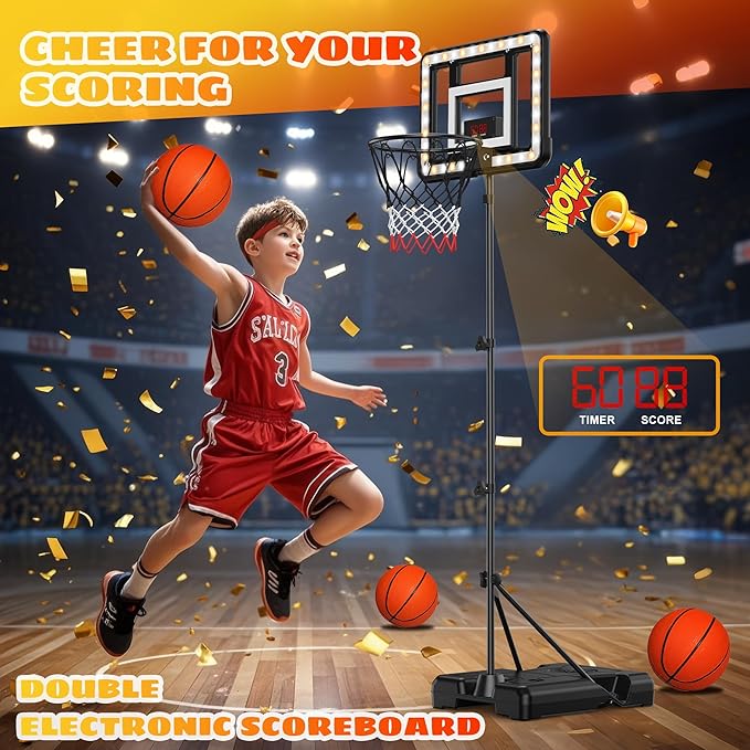 Kids Indoor Basketball Hoop with Scoreboard & Timer,Toddler Adjustable Height 3ft-5.8ft Basketball Hoop with Stand Goal Toy for Outdoor Backyard,Sports Game Play for Boys Age 3-8