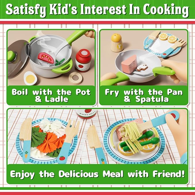 Lehoo Castle Wooden Play Food Sets for Kids Kitchen - Pizza Toy with Pot & Pan, Play Kitchen Accessories, Pretend Cutting Food, Play Dishes & Felt Pasta, Toddler Toys 3-5 Years, Gift for Boys Girls