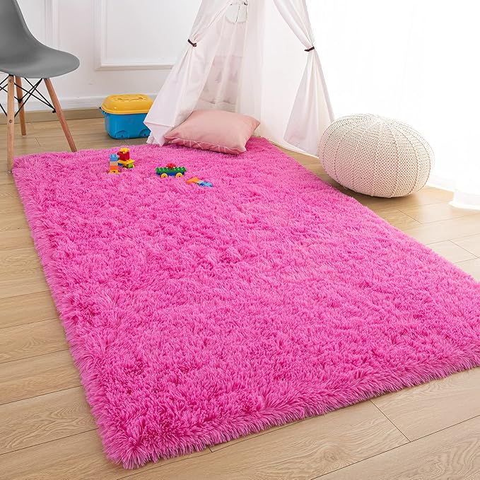 Ompaa Fluffy Runner Rugs, 2x4 Feet Hot Pink, Super Soft Shaggy Carpet Fuzzy Long Fur Rug for Bedroom Living Room Dorm, Plush Kids Playroom Baby Girls Nursery Decor Mats