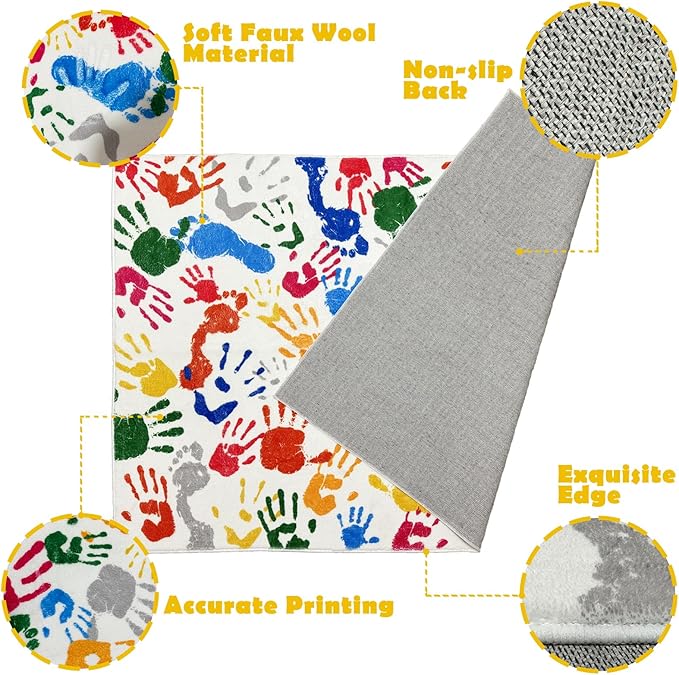 Colorful Handprints and Footprints Kids Rug Play Carpet, Washable Area Rug for Kids Bedroom, Non-Slip Play Mat Ultra Soft Thick Indoor Plush Rugs for Playroom Classroom Nursery Decor