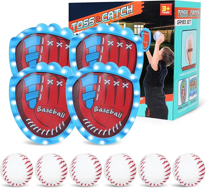 Toss and Catch Baseball Toy Set with 4 LED Light-Up Gloves 6 Soft Baseball, Fun Sticky Ball Catch Games for Kids Ages 3-12, Beginner Baseball Training, Indoor/Outdoor Sports Toy Gifts for Boys & Girls