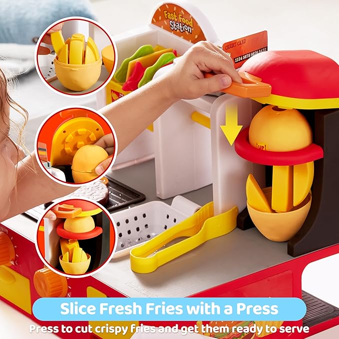 Play Kitchen Toddler Toy - 40+ PCS Fast Food Station with Potato Cutter, Simulated Frying Effect & Lights, Order & Drink Station - Pretend Play Food Toy Birthday Gift for Boys Girls