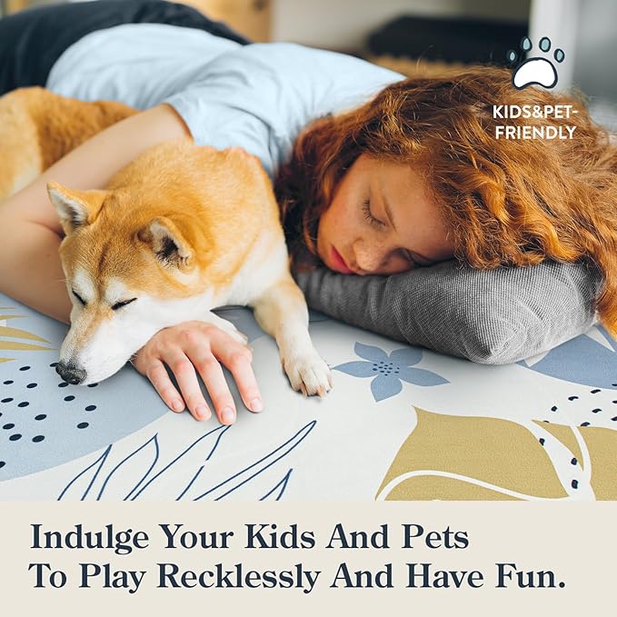 Lahome Boho Machine Washable 6x9 Area Rug for Living Room - Non-Slip Ultra-Thin Soft Bedroom Carpet, Botanical Print Indoor Rugs for Dining Room Classroom Nursery Office, Blue