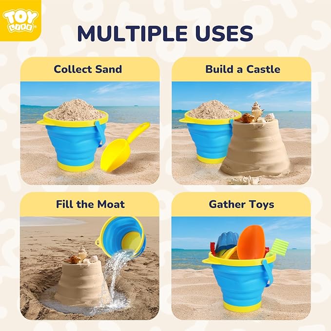 TOY Life Beach Toys for Kids Ages 4-8 Collapsible Sand Toys Toddlers with Silicone Bucket Shovels & Sand Castle Building Kit Molds, Sandbox Toy Travel, Beach Party, Fishing, Summer Activities