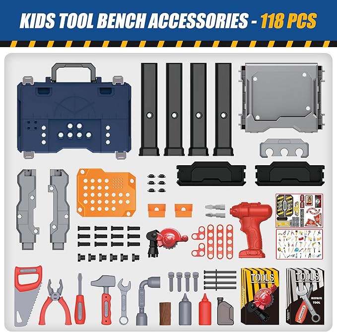 Kids' Tool Bench with 118 Realistic Pieces, Electric Drill & Stickers - Pretend Play Learning Gift for Boys & Girls Age 3-5