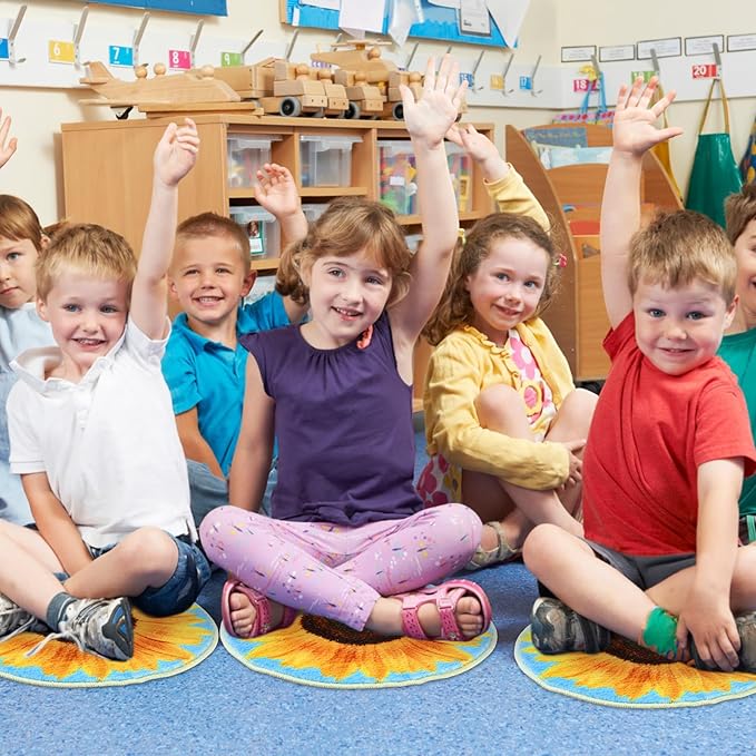 8 Pcs Classroom Carpet Kids Rug 15 x 15 Inch Back to School Supplies Round Non Slip Mat for Nursery Kindergarten Playroom Bedroom(Sunflower)