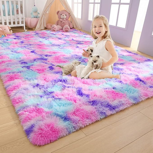AROGAN Soft Rainbow Area Rugs for Girls Room 6x9 Feet, Fluffy Girls Bedroom Rugs, Princess Rug, Cute Colorful Carpet for Kids Teens Nursery Toddler, Hot Pink